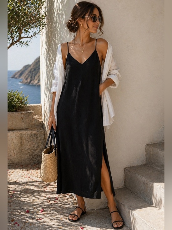 GAP Dresses & Skirts - GAP Black Slip Midi Dress Minimalist Strappy Lightweight Flowy Side Slit Small